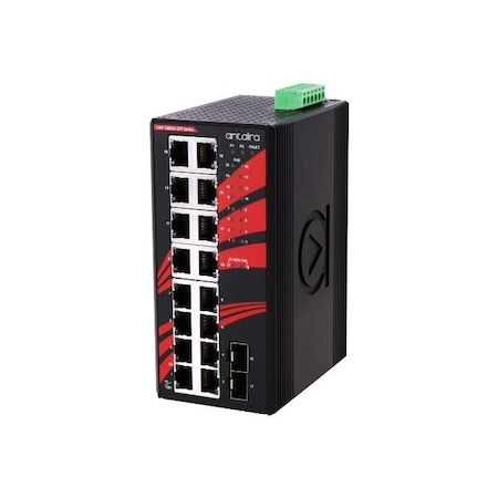 Antaira 18-Port Industrial PoE+ Gigabit Unmanaged Ethernet Switch, w/16-10/100/1000Tx *+ 2-100/100 LNP-1802G-SFP